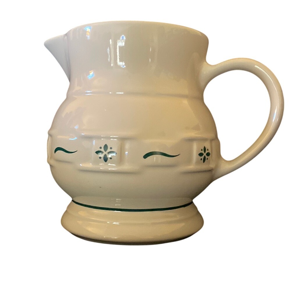 Longaberger Pottery Pitcher Basketweave Green Floral Design Oven Microwave Safe